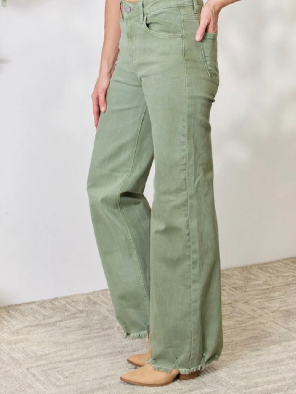 Risen Olive Green denim, High-rise waist, wide leg jeans - Picture 2 of 6